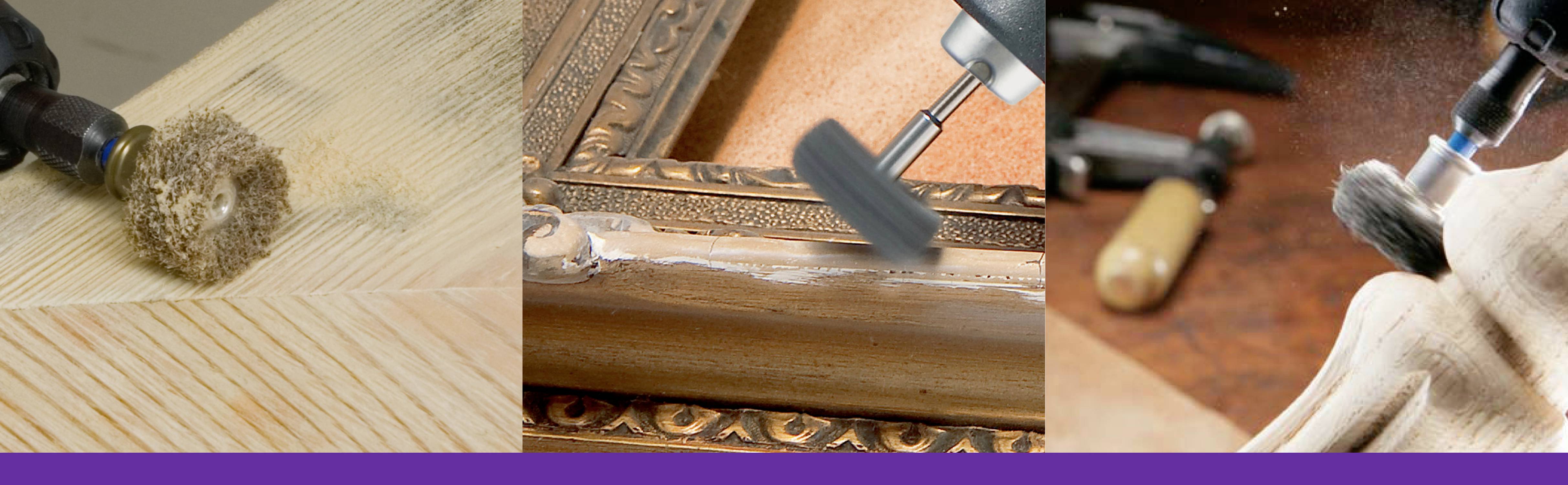 Trois gros plans d'outils utilisés pour poncer et polir des surfaces en bois. À gauche, une brosse métallique est utilisée, au centre un polisseur de ponçage, à droite un détail avec un embout de ponçage.