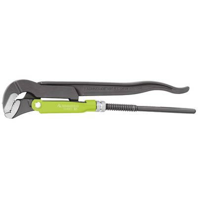 Pince à pipe avec poignée verte, côté gauche montrant les dents de serrage. Adaptée pour les tuyaux ou les objets ronds.