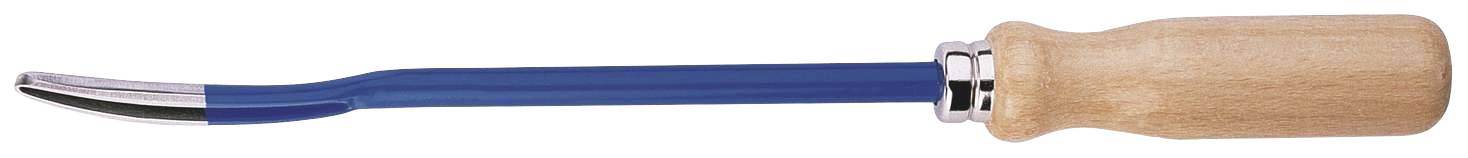 Outil à manche métallique bleu et poignée en bois, adapté aux travaux de jardinage.