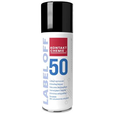 Bombe aérosol portant l'inscription 'LABEL OFF 50', un dissolvant d'étiquettes de Kontakt Chemie.