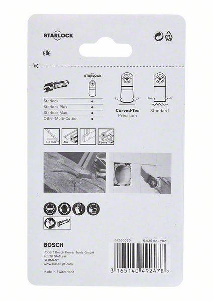 La face arrière d'un accessoire Bosch Starlock. Présente des instructions de montage et des symboles pour différentes possibilités d'utilisation.