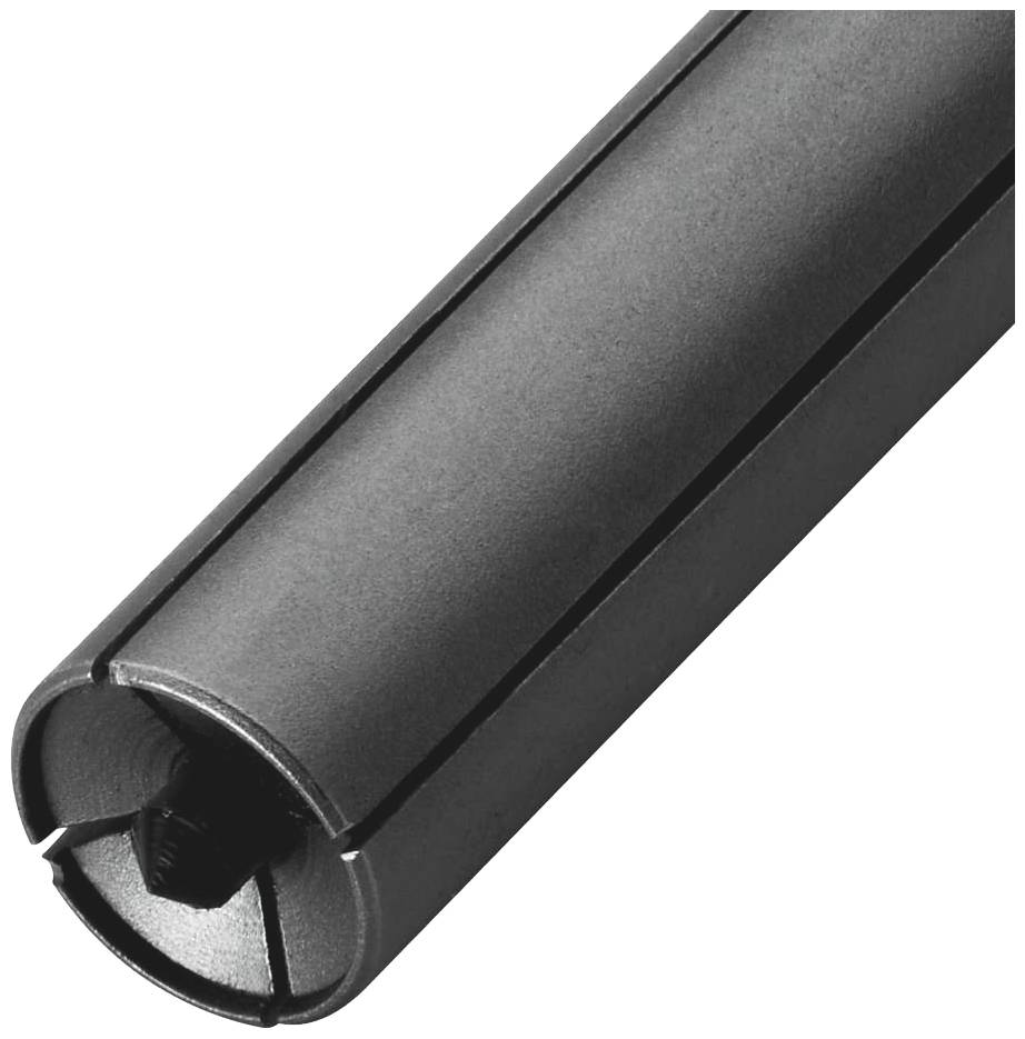 Un mandrin cylindrique sombre avec des fentes étroites servant à fixer des outils ou des pièces dans des machines.