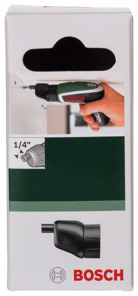 Emballage d'un tournevis Bosch. L'image montre l'outil tenu dans une main, avec un accent mis sur un porte-embout de 1/4 de pouce.