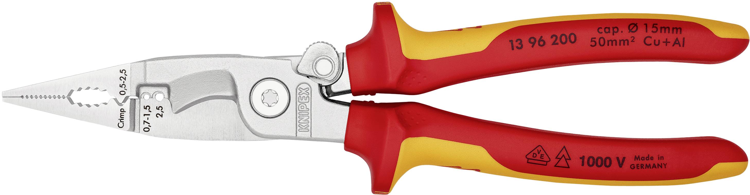 Pince multimètre rouge avec des touches jaunes et un isolement. Affiche le logo de la marque et les spécifications électriques, adaptée jusqu'à 1000V.