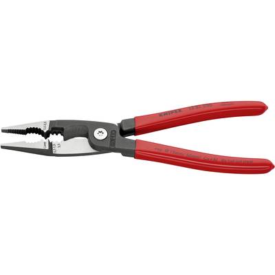 Une pince multifonction rouge en métal, adaptée pour saisir, couper et dénuder les câbles. Inscription : 'KNIPEX 10 87 200'.