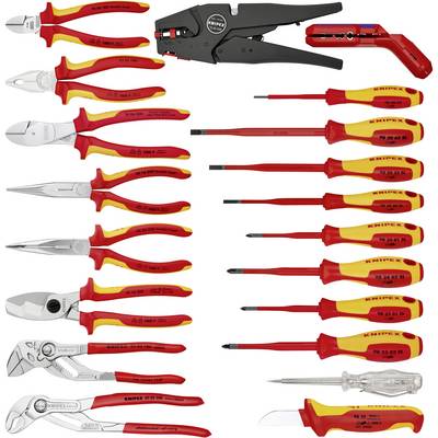 Ensemble d'outils comprenant des pinces, des tournevis et des pinces isolantes en rouge et jaune. Nom de marque 'KNIPEX' sur les poignées.