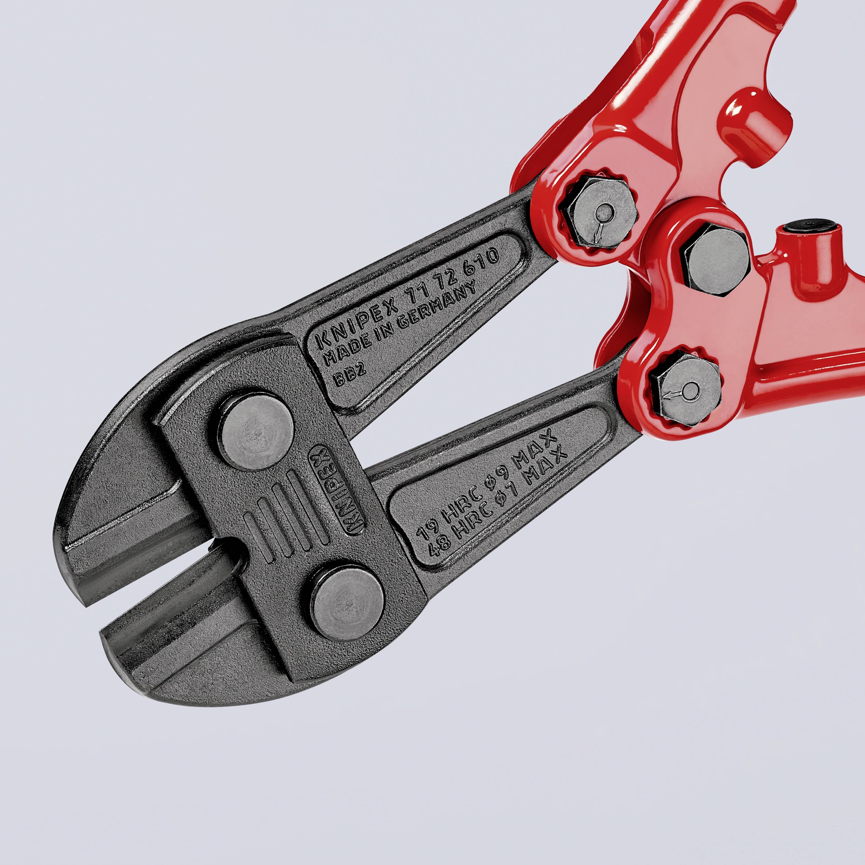 Un coupe-boulons rouge avec une tête de coupe noire. Sur l'outil, il est inscrit : 'Knipex 71 12 610 Made in Germany'.