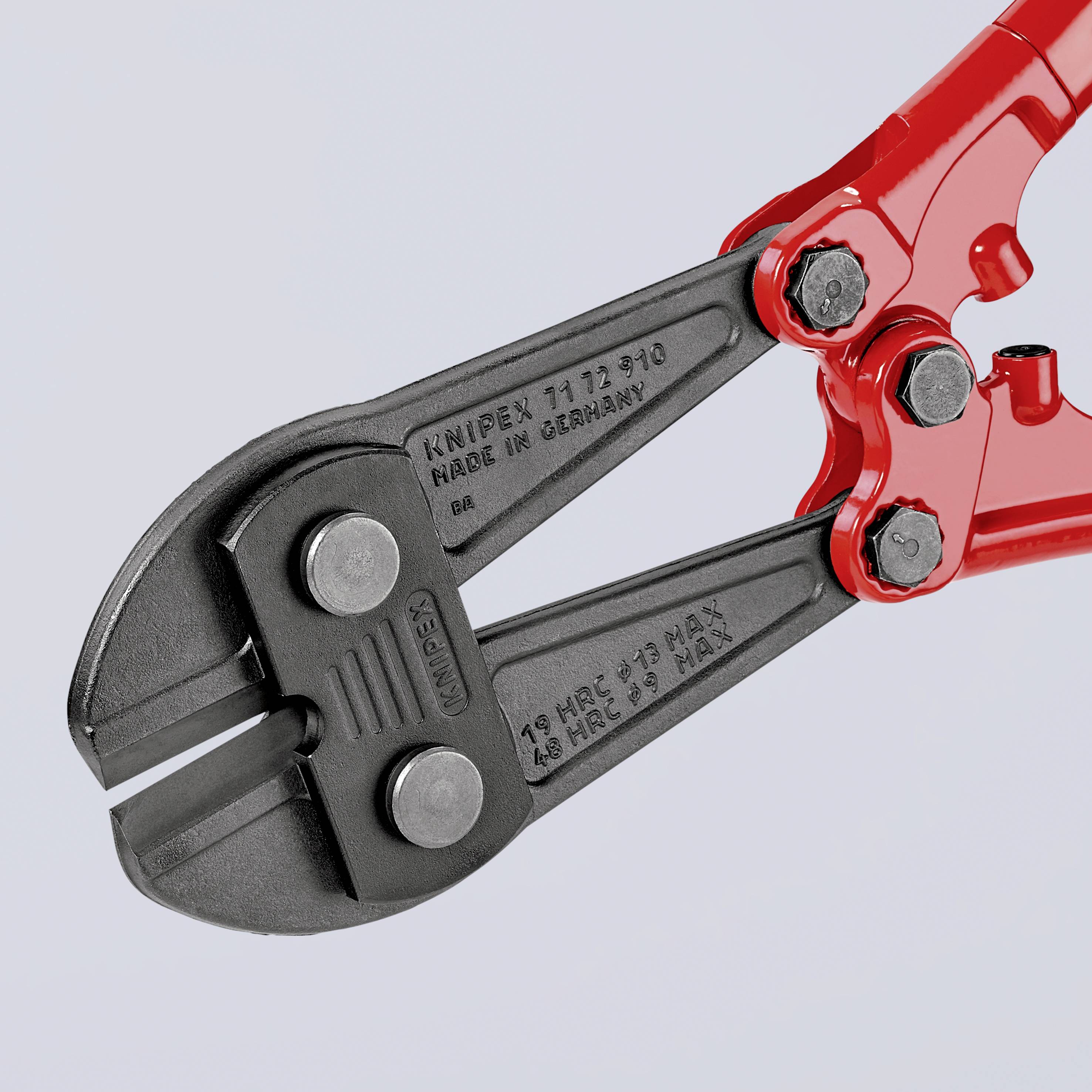 Grand coupe-boulons rouge avec tête de coupe noire, inscription 'Knipex' visible, outil servant à couper des métaux.