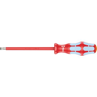 Un tournevis rouge avec une poignée ergonomique bleue est posé horizontalement.
