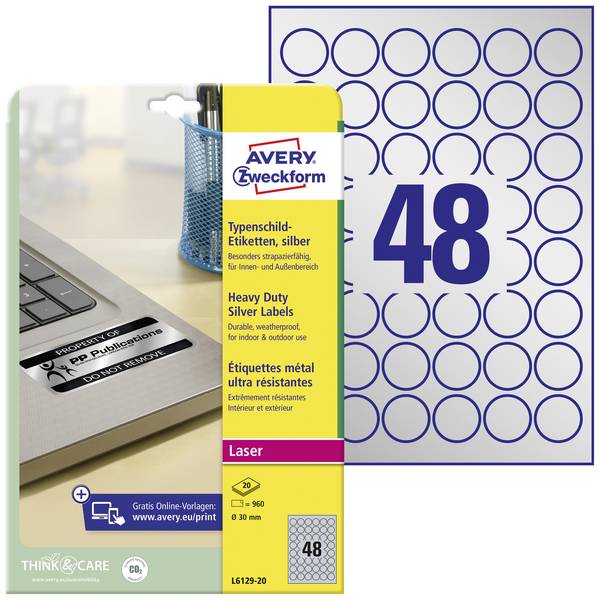 Avery-Zweckform L6129-20 Etiquette plaques signalétiques Ø 30 mm film de polyester argent 960 pc(s) fixation permanente  imprimante laser, photocopieuse, inscription à main