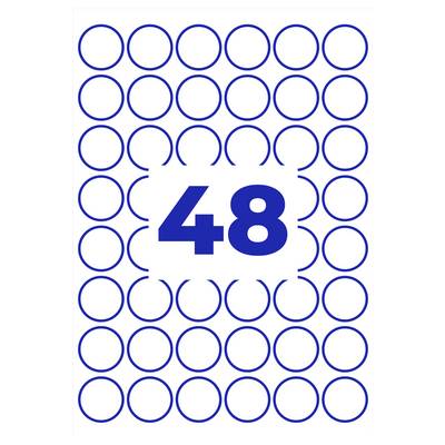 Grand chiffre bleu '48' au centre, entouré d'un motif de cercles bleus sur fond blanc.