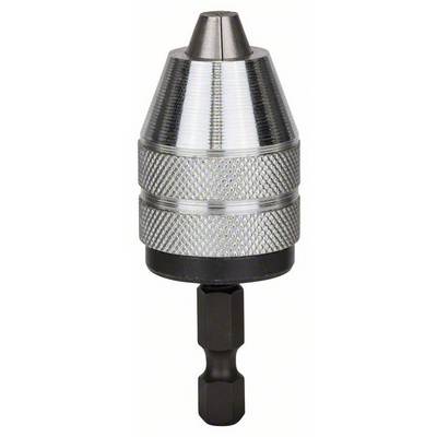 Un mandrin de perceuse cylindrique en métal argenté, à surface striée et avec un manche noir.