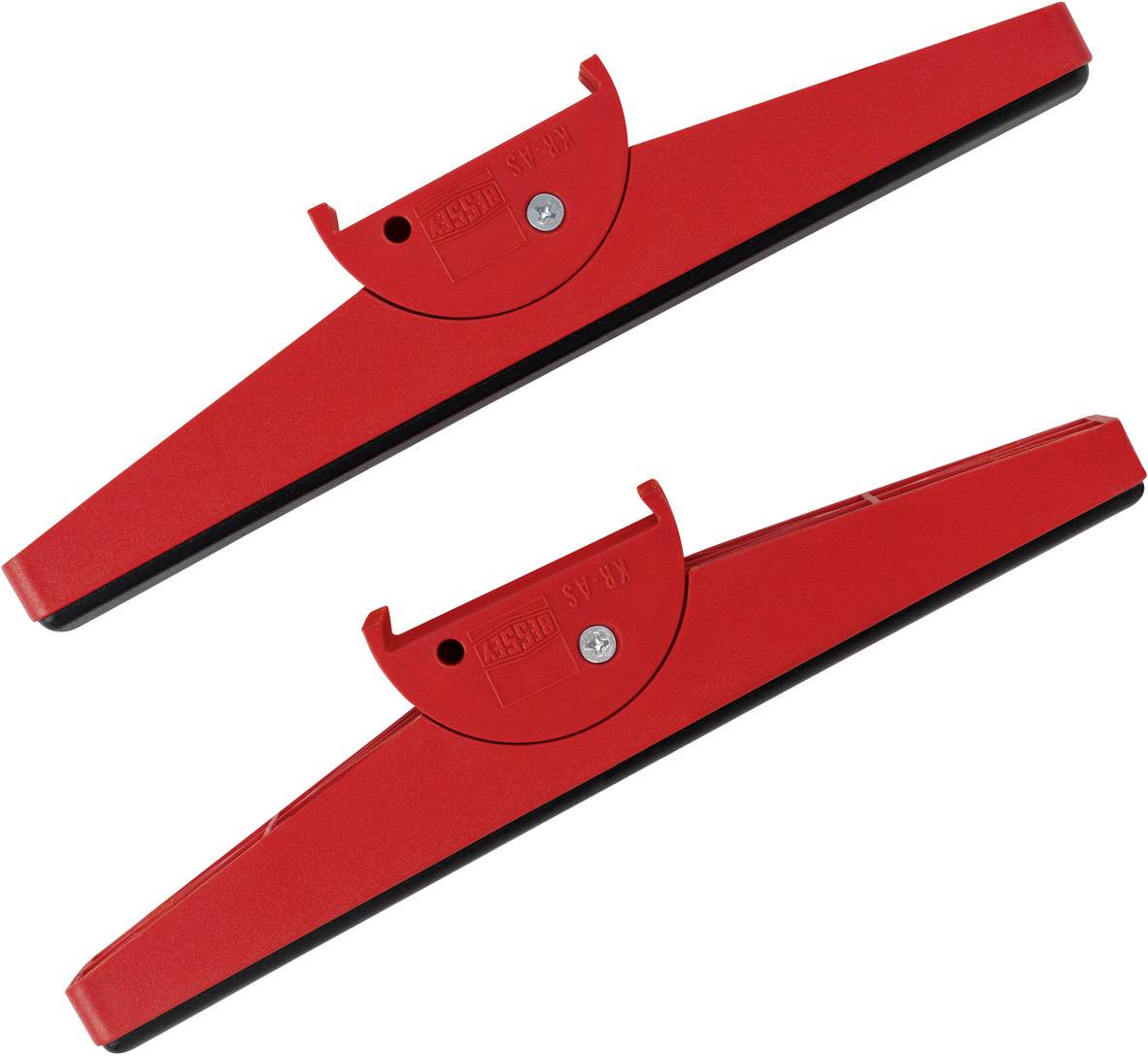 Deux outils en plastique rouge avec des lèvres en caoutchouc noir, probablement utilisés pour enlever l'eau ou les saletés des surfaces.