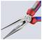 Pince plate ronde bleu-rouge avec surfaces de préhension dentelées et mâchoires pointues pour une saisie et une coupe précises de fils ou de matériaux fins.