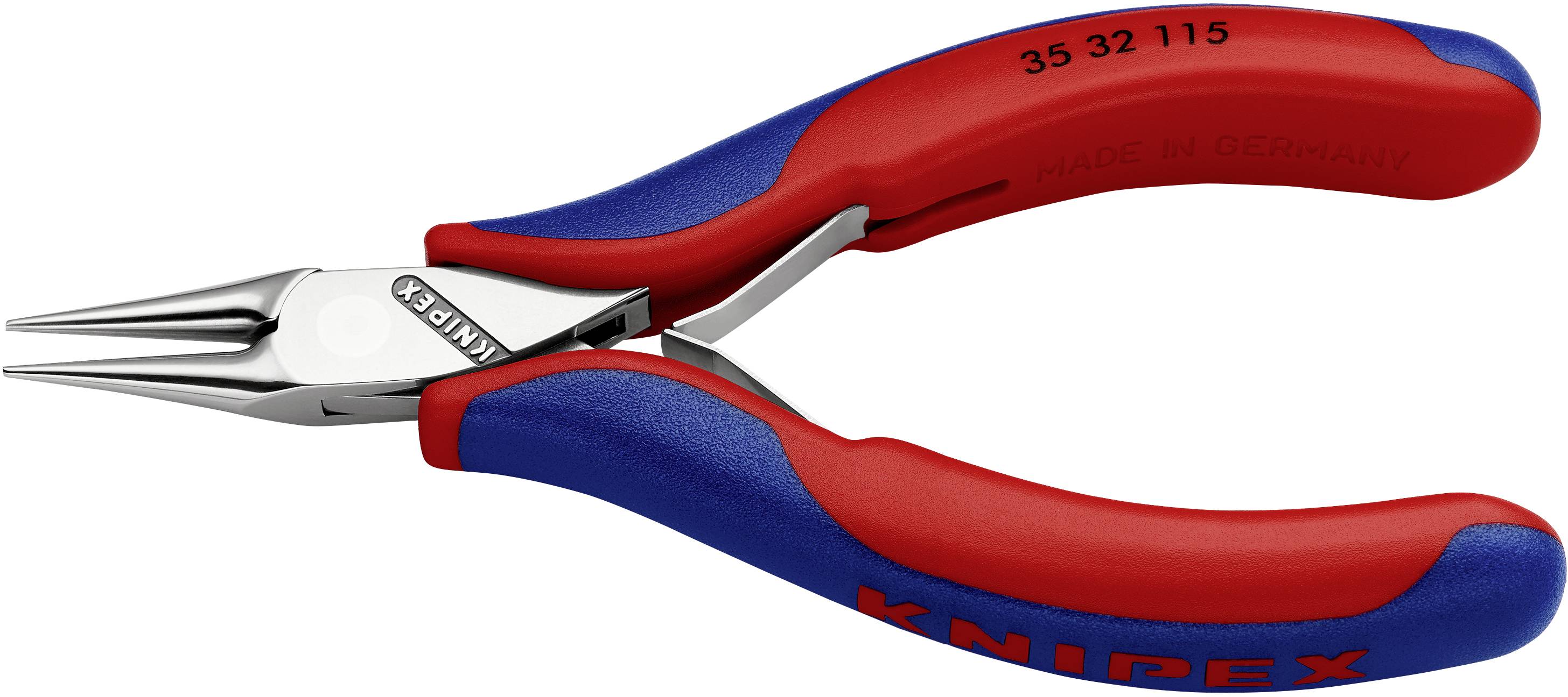 Une pince ronde rouge et bleue de la marque Knipex, modèle 35 32 115, adaptée aux travaux de précision.