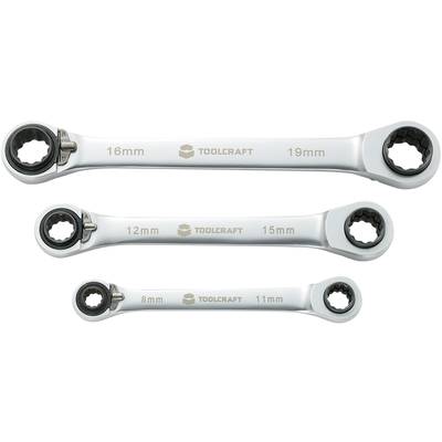 Un ensemble de trois clés à cliquet plates en argent de 'Toolcraft', avec des tailles : 16-19 mm, 12-15 mm et 8-11 mm.