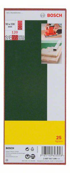 Emballage de Bosch 120 feuilles de papier abrasif pour ponceuse manuelle, 93 x 230 mm, lot de 25 pièces. Illustration : schéma de la ponceuse manuelle et du papier abrasif.