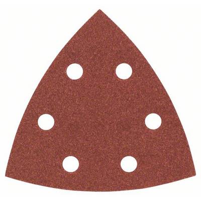 Un papier de verre triangulaire avec six trous ronds, souvent utilisé avec des outils électriques pour des travaux de ponçage fins.