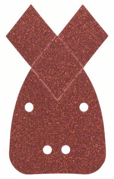 Un papier de verre rouge et scintillant avec un sommet en forme de losange et quatre trous ronds en bas, utilisé pour les travaux de ponçage.