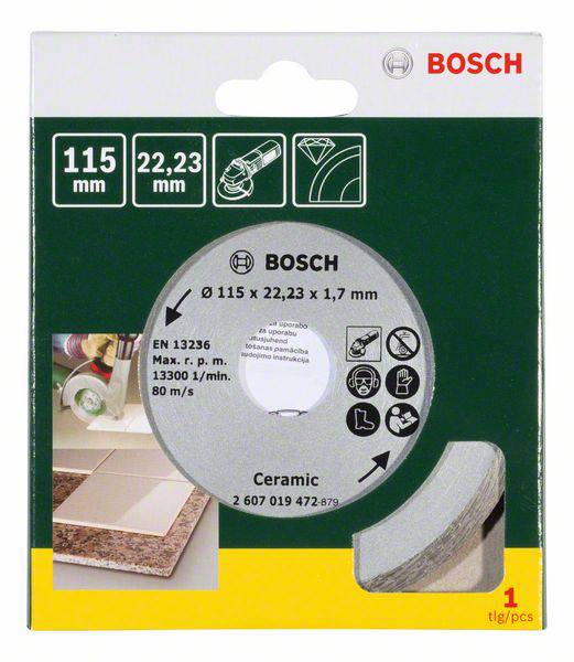 Emballage d'une lame de scie en céramique Bosch, diamètre 115 mm. Adaptée pour la coupe de carrelage. Illustre l'utilisation de la lame par une image.