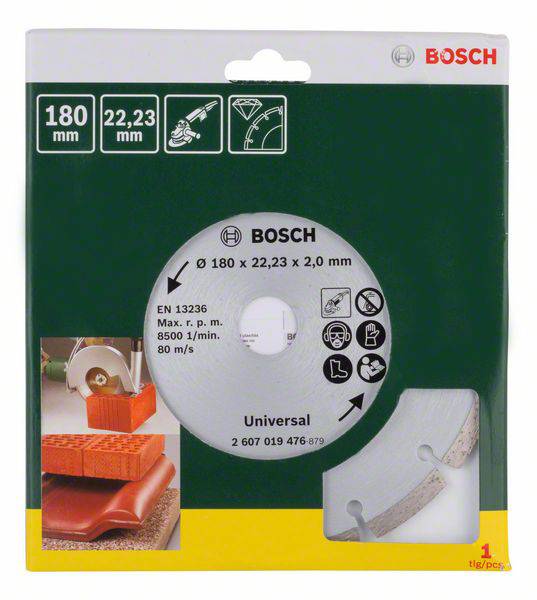 'Disque de coupe universel Bosch, Ø 180 mm x 22,23 mm x 2,0 mm. Adapté pour la pierre. Certifié EN 13236. Vitesse max. 8 500 tr/min.'