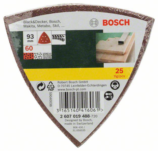 Étiquette d'un ensemble de papiers de verre triangulaires Bosch, 93 mm, grain 60, 25 pièces. Compatible avec Black & Decker, Makita, Metabo.