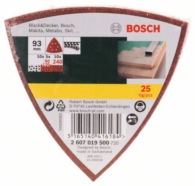 Papier abrasif pour ponceuse multifonction Bosch, triangulaire, 93 mm, grain 240, numéro de produit 2 607 019 500-720, lot de 25 pièces, fabriqué en Suisse.