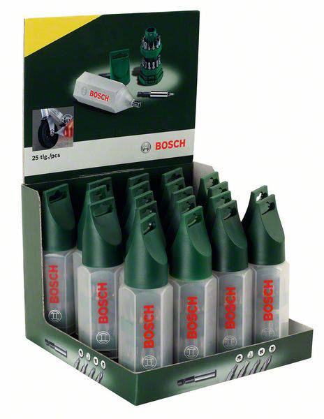 Un ensemble de forets Bosch dans un support en plastique vert, présenté sur une table de vente.