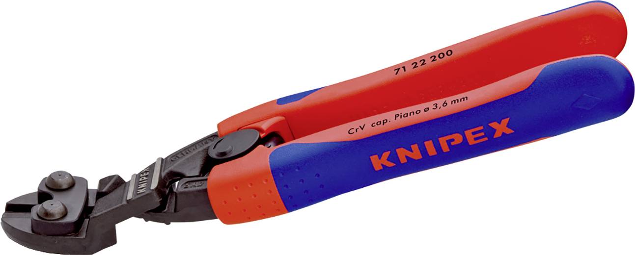 Coupe-boulons maniable avec poignée rouge et bleue, idéal pour la coupe précise de fils jusqu'à 3,6 mm de diamètre. Marqué 'Knipex'.