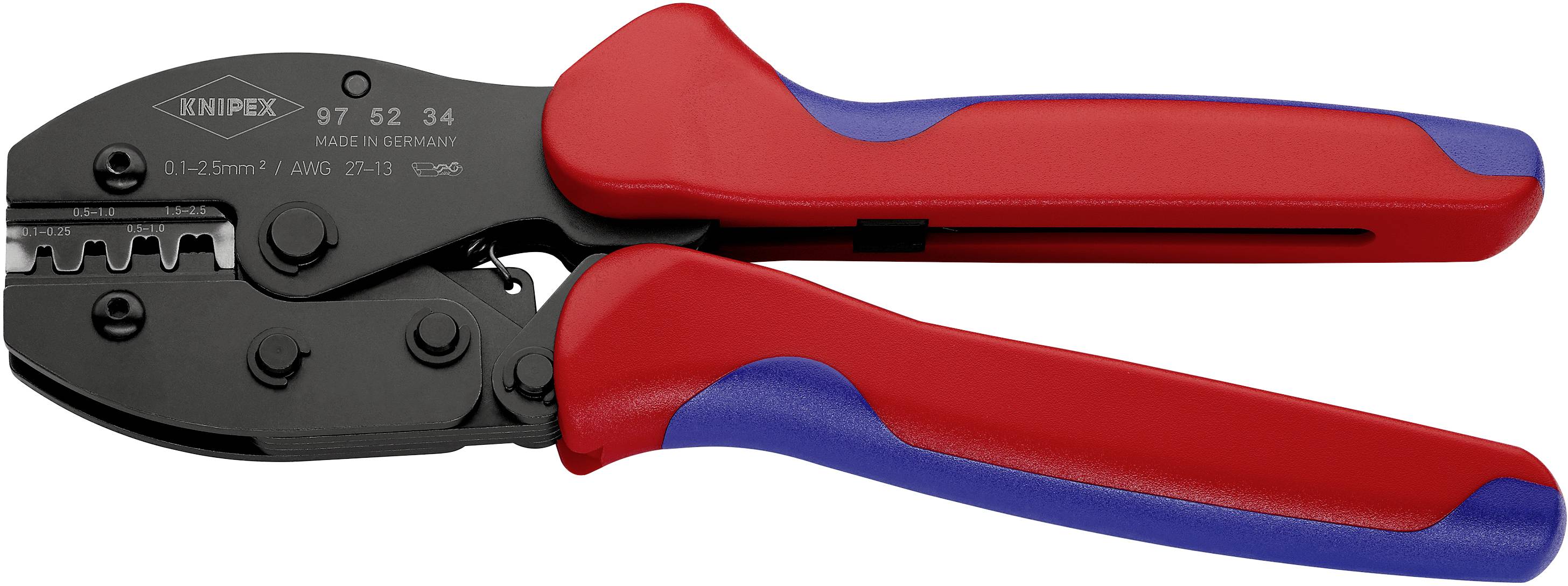 Pince à sertir de Knipex avec poignée rouge et bleue, adaptée au sertissage de câbles.