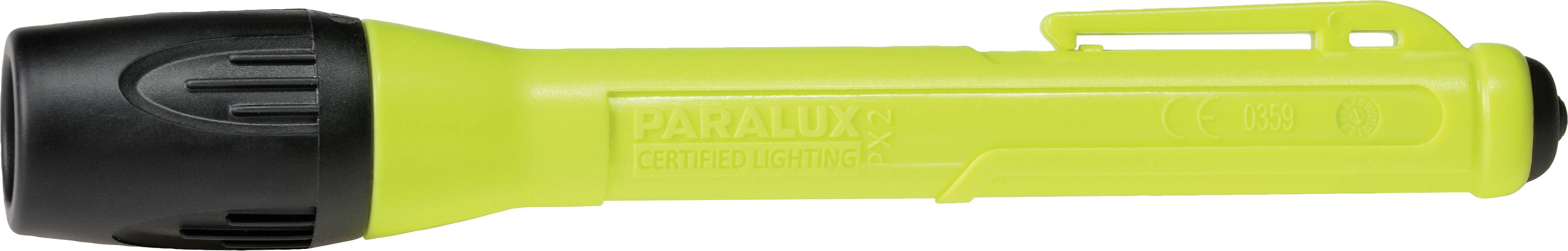 Une lampe de poche verte avec une tête noire, portant l'inscription 'Paralux' sur le côté. Elle est équipée d'un clip à l'extrémité de la poignée.