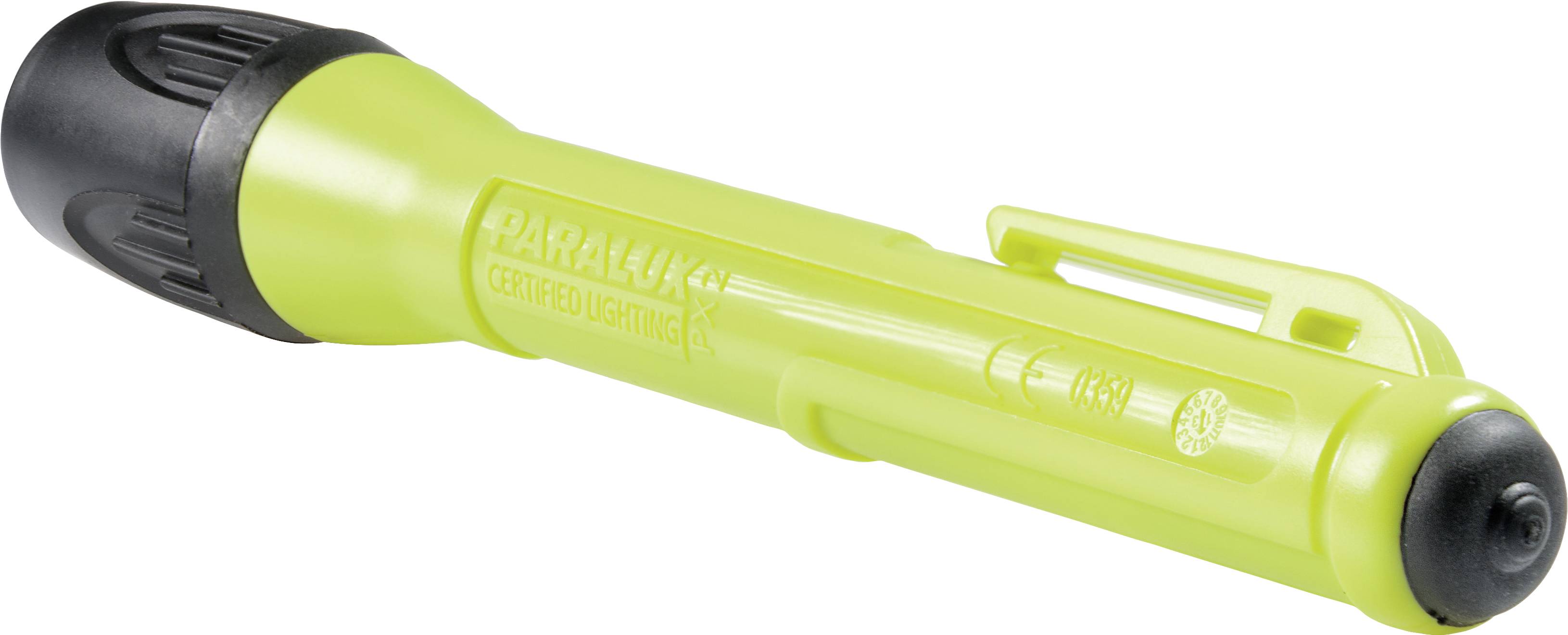 Une lampe de poche jaune avec une tête noire et un clip, portant l'étiquette 'Paralite Certified Lighting', est présentée sur une surface blanche.