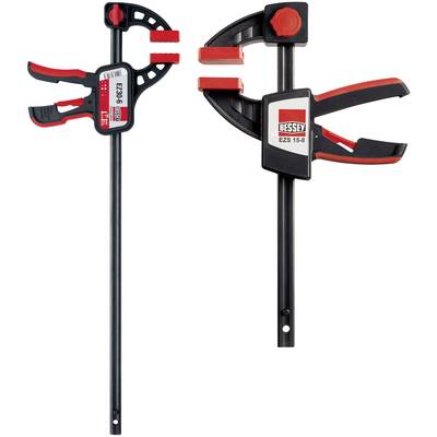 Deux serre-joints Bessey, modèle EZS 15-8. Ils sont noirs avec des poignées rouges. Adaptés pour fixer et maintenir des pièces de travail.
