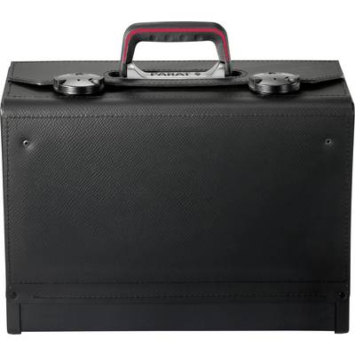 Coffret à outils noir avec poignée rouge et fermoirs argentés, portant l'inscription 'PARAT'.