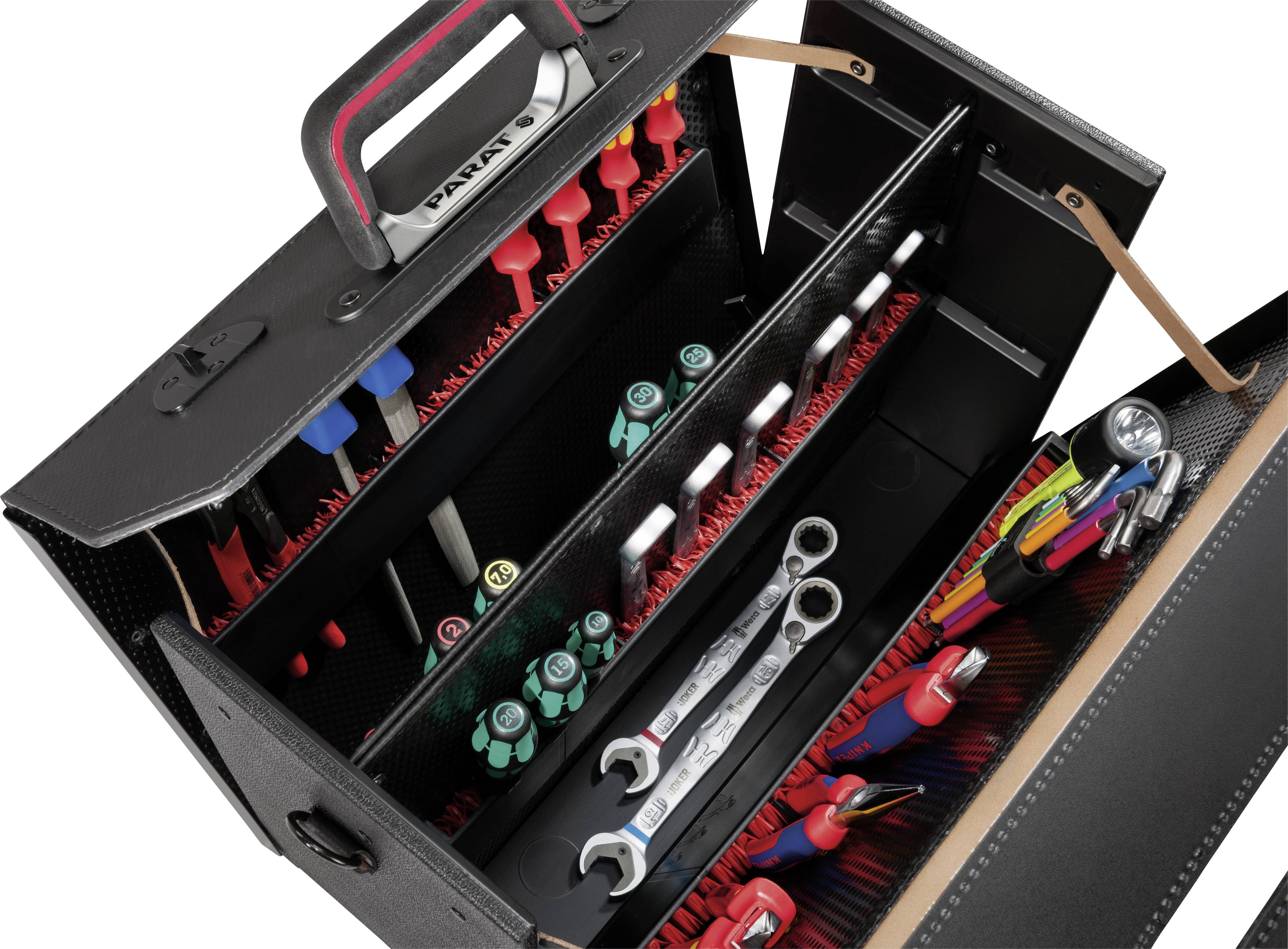 Boîte à outils ouverte contenant divers outils manuels tels que tournevis, clés à molette et pinces, soigneusement rangés.