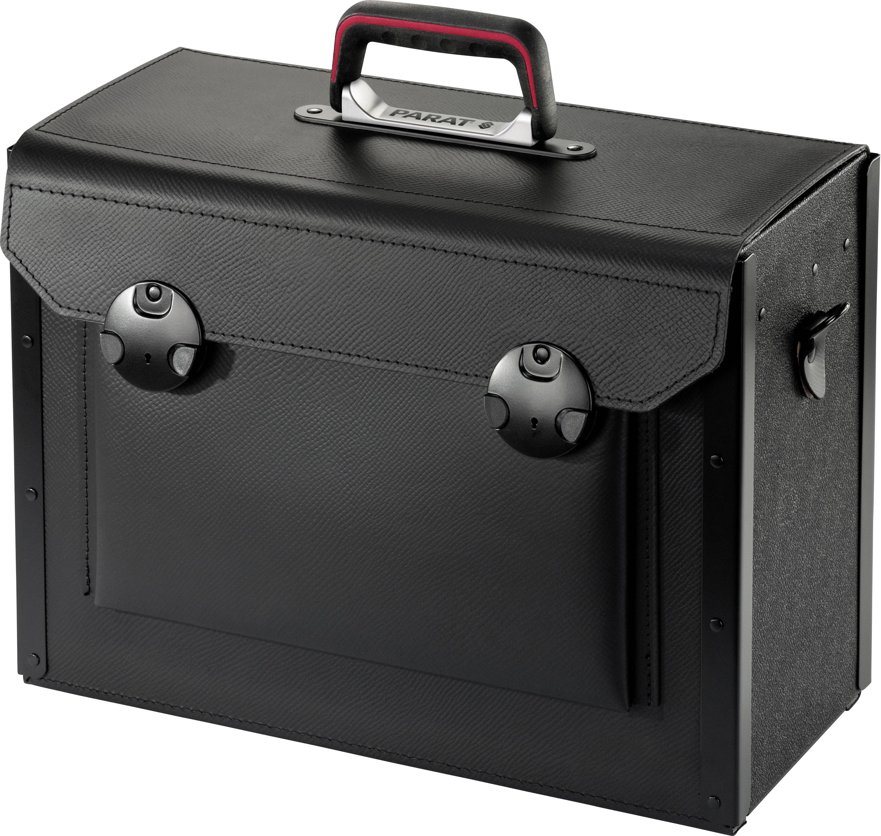 Sac à outils noir rectangulaire avec poignée rouge et deux fermoirs à clips, idéal pour le rangement et le transport sécurisé des outils.