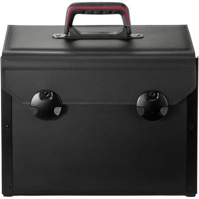 Une mallette noire avec une poignée rouge et deux fermetures rondes, assez grande pour contenir des documents importants et des dossiers.
