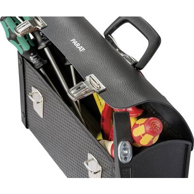 Mallette à outils noire avec couvercle ouvert, montrant divers outils tels que des tournevis et des clés à molette.