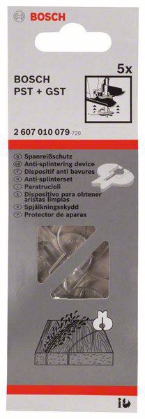 Lot de 5 lames de scie sauteuse Bosch pour PST + GST. Comprend une protection anti-arrachement et anti-éclats pour des coupes précises dans le bois.