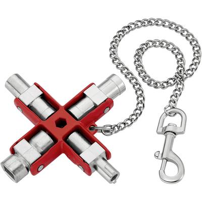 Un outil multifonction rouge avec croix, comportant quatre embouts différents et une chaîne argentée munie d'un mousqueton.