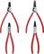 Quatre pinces à circlips rouges avec des pointes de forme différente pour l'installation et le démontage de circlips dans des alésages et des arbres.