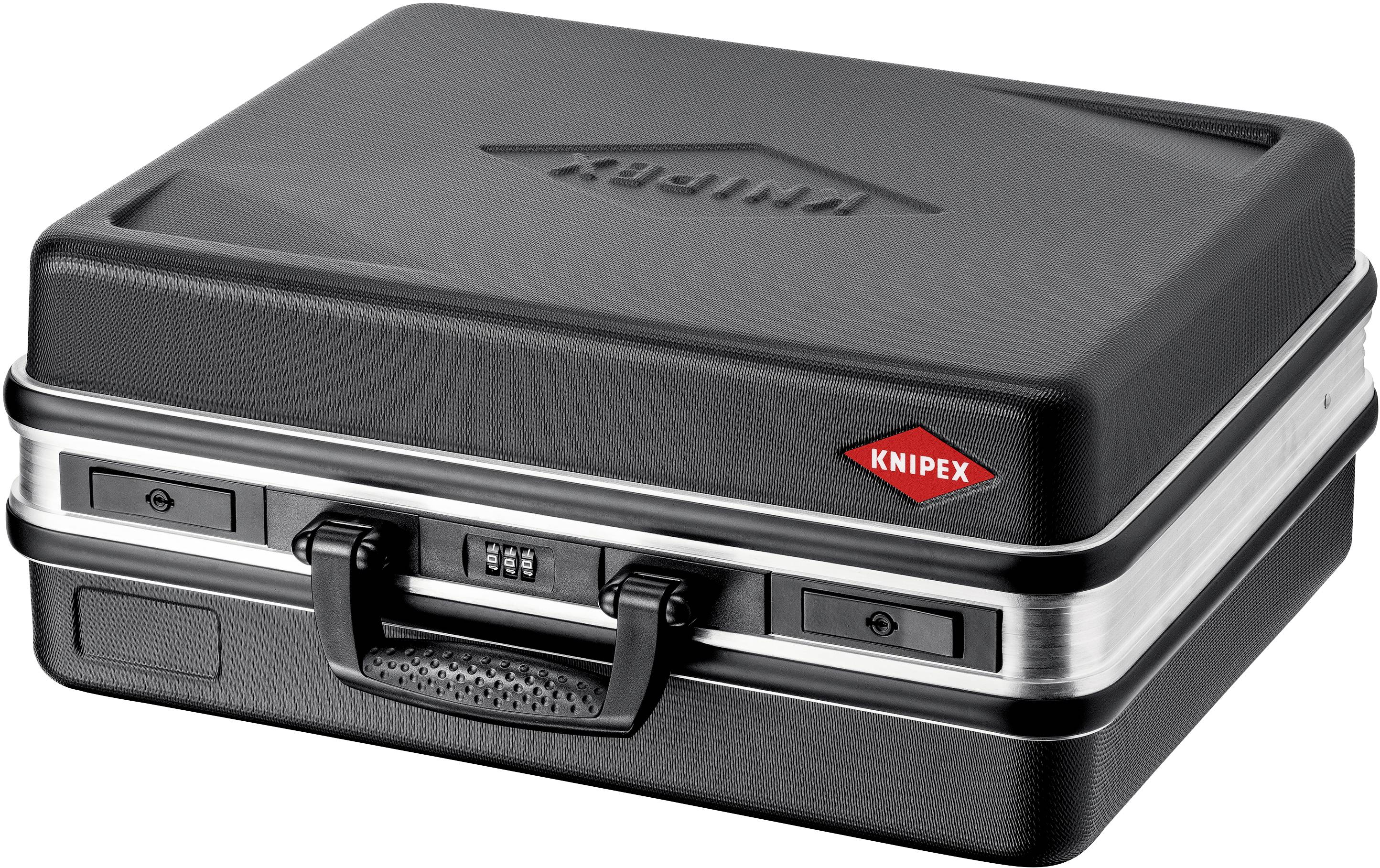 'Coffret à outils en plastique noir de Knipex avec poignée de transport et serrure à code. Design robuste, adapté au transport sécurisé des outils.'