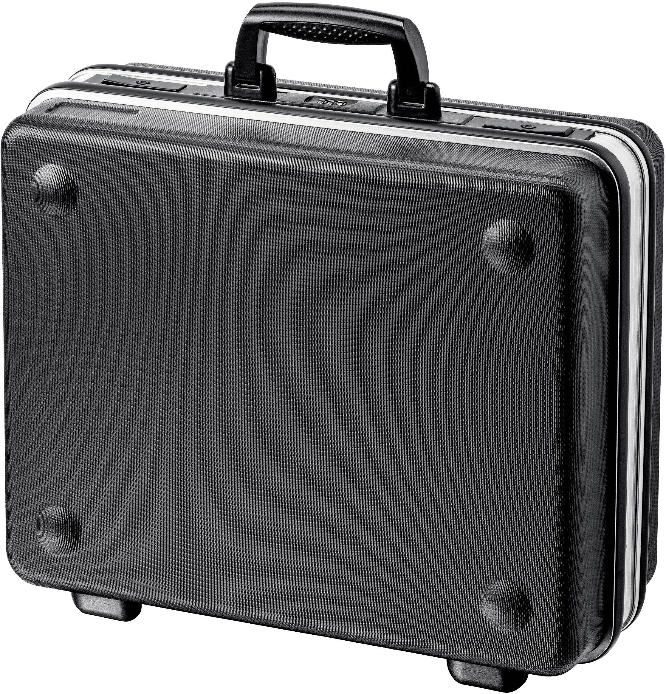 Attaché-case noir en plastique rigide avec poignée, reposant sur quatre pieds.