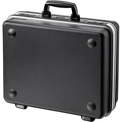 Attaché-case noir en plastique rigide avec poignée, reposant sur quatre pieds.