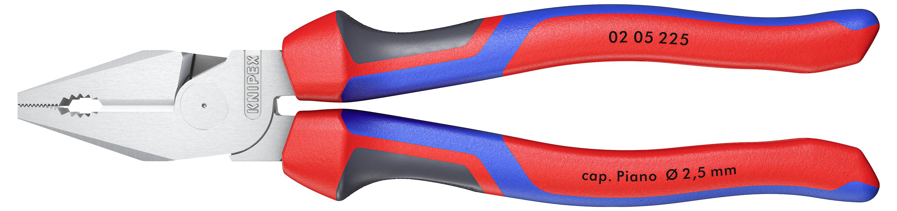 Pinces isolées rouges et bleues avec mâchoires métalliques, étiquetées '02 05 225 cap. Piano Ø 2,5 mm', conçues pour couper et saisir.