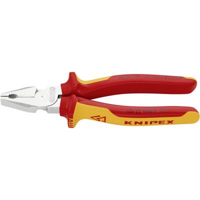 Une pince multifonction rouge et jaune avec poignées isolées, adaptée aux travaux sur des installations électriques jusqu'à 1000V.