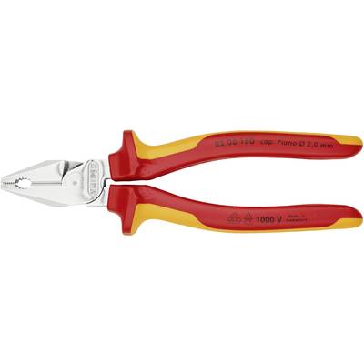 Une pince isolante rouge et jaune est posée sur un fond blanc. Elle dispose d'une lame de coupe pour les fils et est adaptée aux tensions jusqu'à 1000 V.