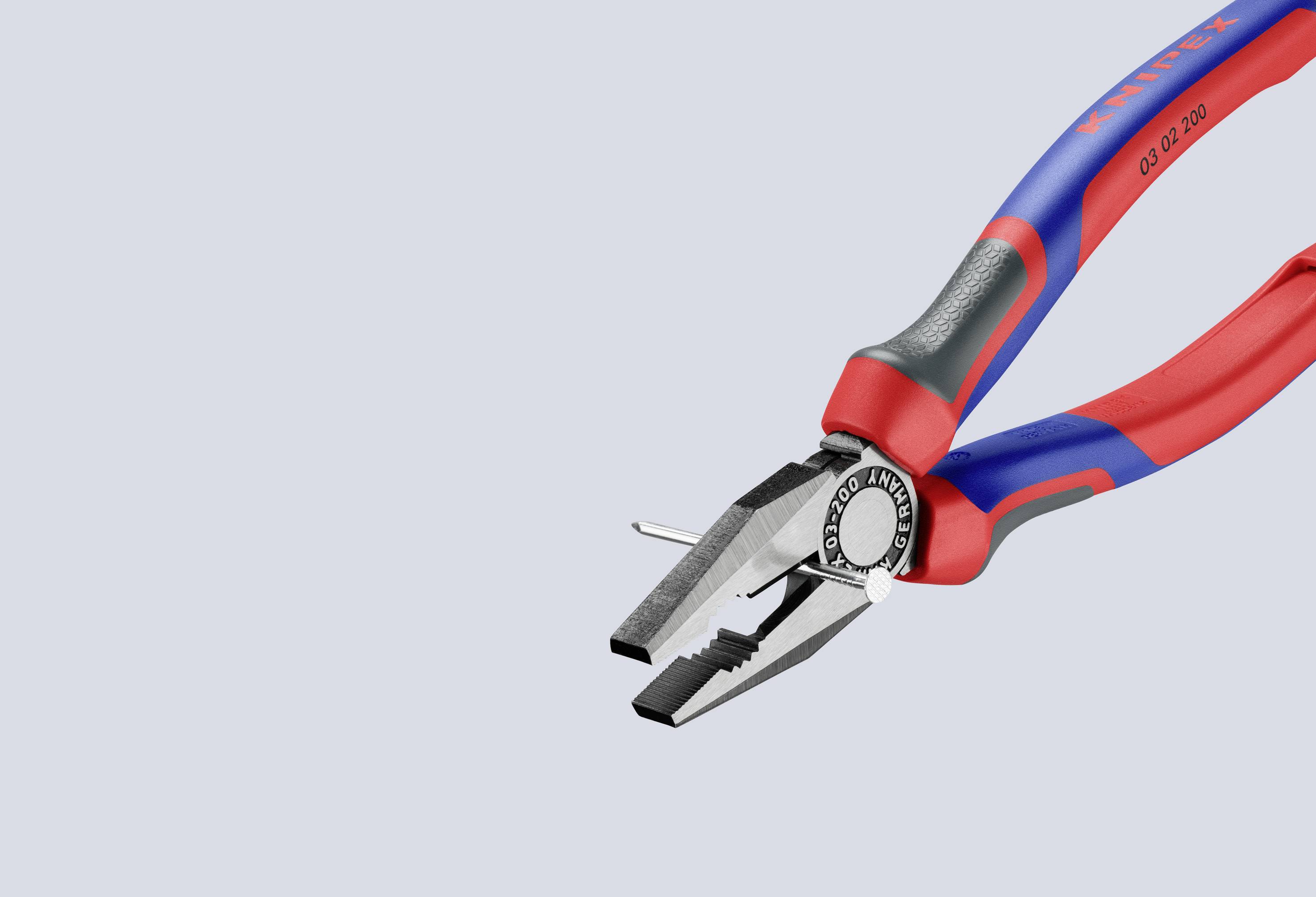 Pince rouge et bleue avec poignée robuste et fonction de coupe, adaptée aux travaux précis. Convient aux travaux artisanaux professionnels.