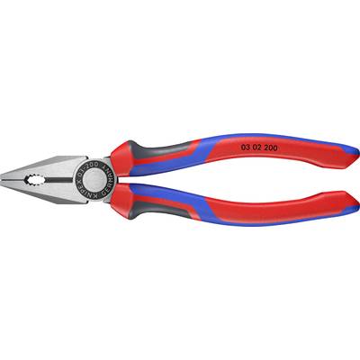 Une pince multifonction rouge et bleue avec poignées isolées et texte imprimé '03 02 200'. Idéale pour les travaux de préhension et de coupe.
