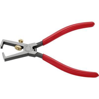 Une pince à dénuder rouge avec un mécanisme de serrage réglable. Elle est utilisée pour retirer l'isolation des fils électriques.